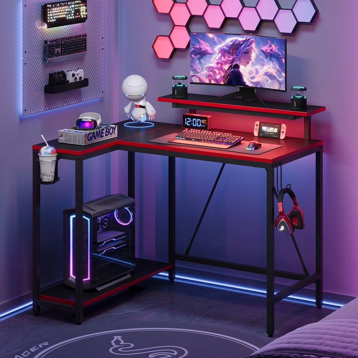 42" Reversible L-Shaped Gaming Desk with Monitor Stand, LED Lights& Headset Hooks, Home Office, Carbon Fiber Black