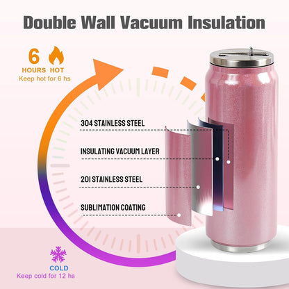 Colorsub 17 Oz Sublimation Glitter Tumblers Cans, Stainless Steel Sublimation Blanks Tumblers, Double Wall Insulated Cups Set with Lid, Straw, Gift Box, 6 Pack Pink