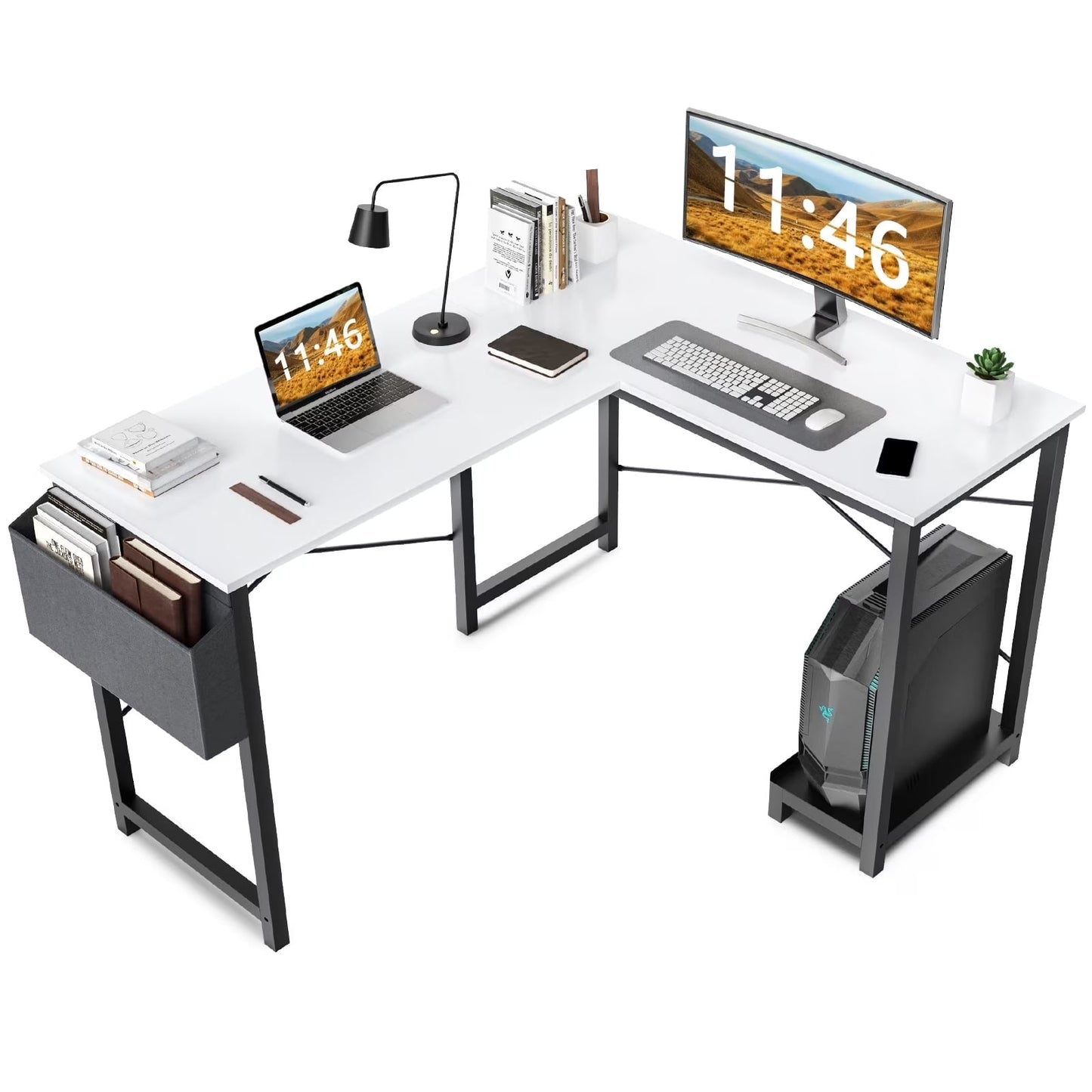 L Shaped Computer Desk with Wooden Desktop CPU Stand Side Bag Reversible, White