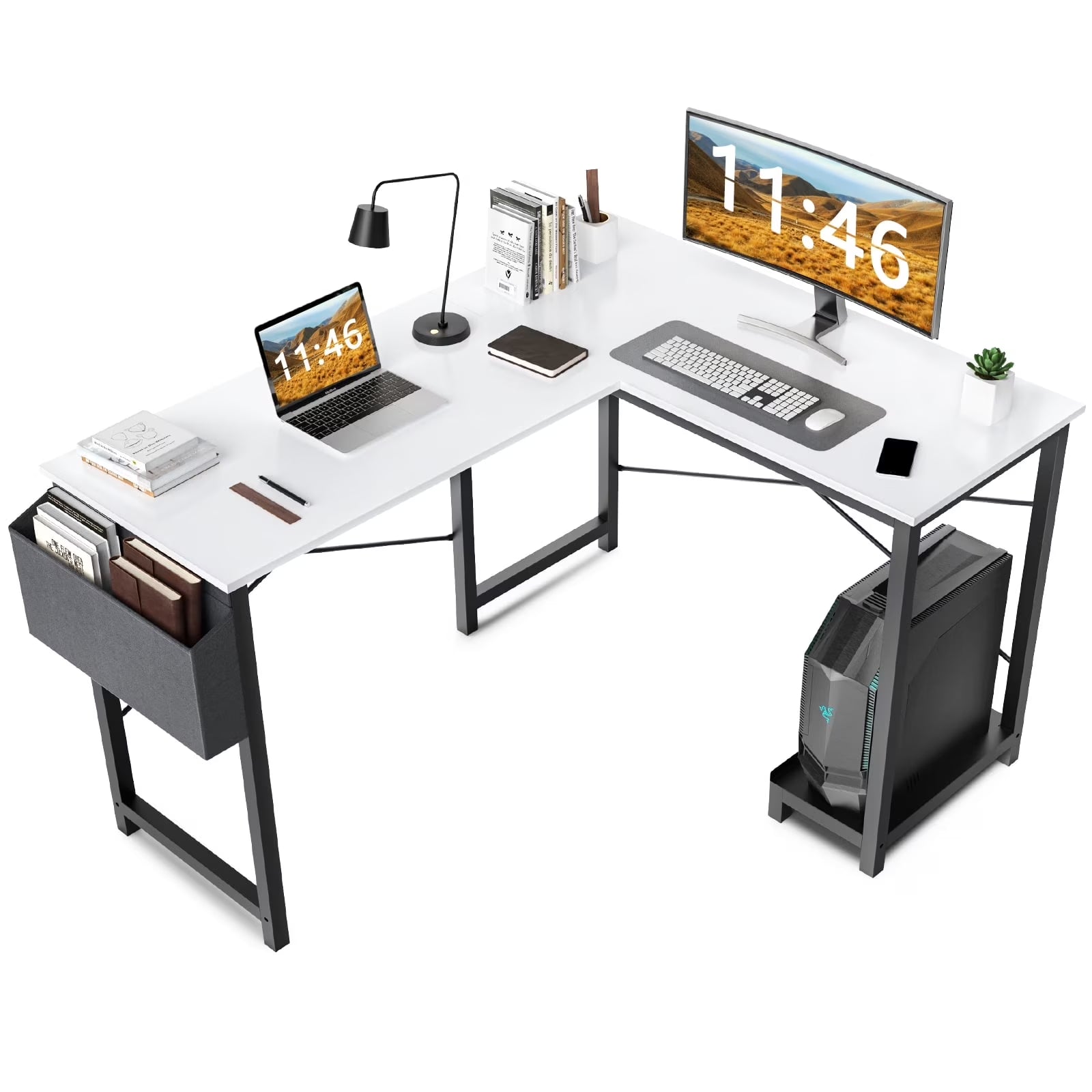 L Shaped Computer Desk with Wooden Desktop CPU Stand Side Bag Reversible, White