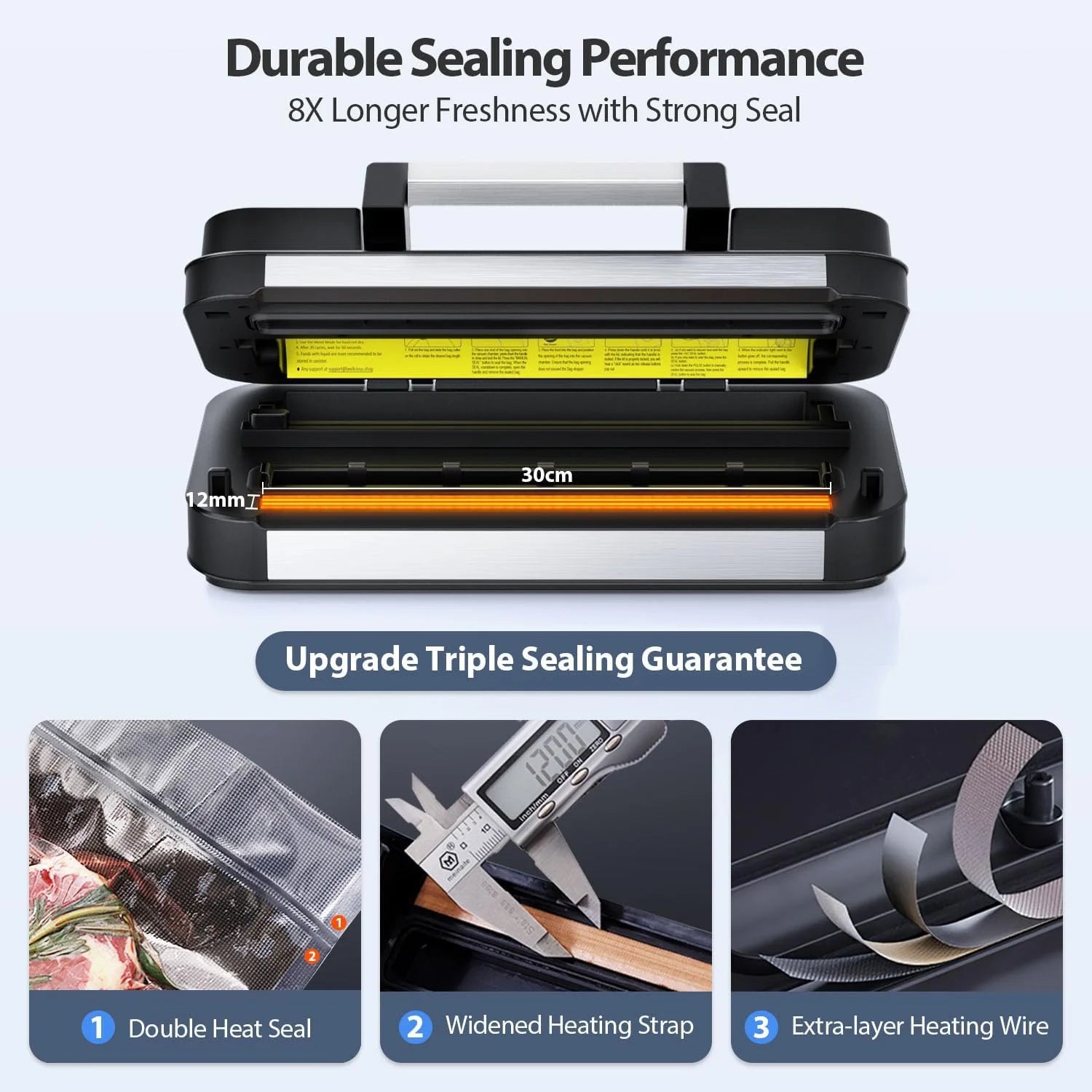 95Kpa Powerful Vacuum Sealer, Aeitto Food Sealer with 10-In-1 Functions, Easy-Lock Handle, Double Heat Seal & Double Pump, for Food with Bags Storage, Built-In Cutter,Stainless Steel