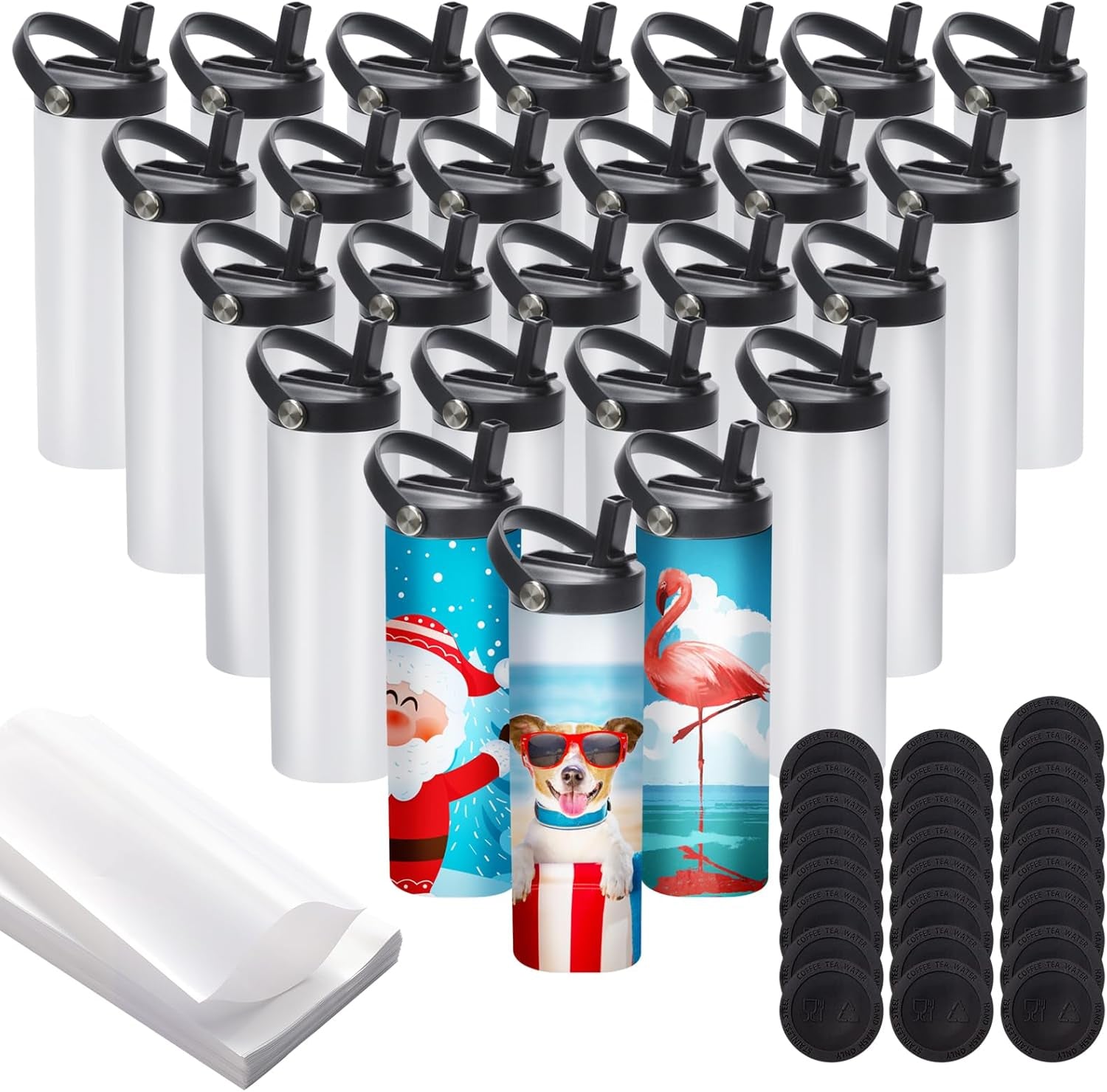 25 Pack Sublimation Tumblers Flat Edge Blanks Skinny Straight 20 Oz, Stainless Steel Double Wall Insulated Sublimation Water Bottles with Portable Handle & Straw Lids for Heat Transfer, White