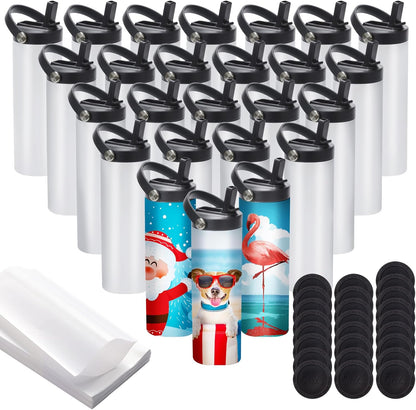 25 Pack Sublimation Tumblers Flat Edge Blanks Skinny Straight 20 Oz, Stainless Steel Double Wall Insulated Sublimation Water Bottles with Portable Handle & Straw Lids for Heat Transfer, White