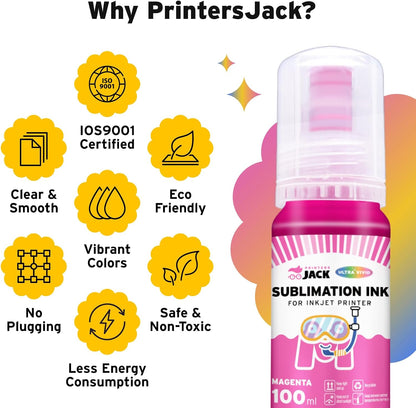 Printers Jack 600ML Sublimation Ink for ET-8550 ET-8500 Wide-Format Supertank Printers Heat Press Transfer on T-Shirt (6X100Ml, 6 Colors-Bk PB CM Y GY) Bigger Bottles with More Ink Auto Fill the Tanks