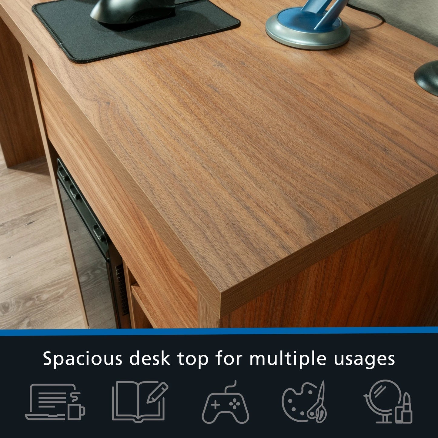 Westley Adjustable Shelf Desk with Gaming Headphone Hook and Cable Management, Warm Walnut Finish