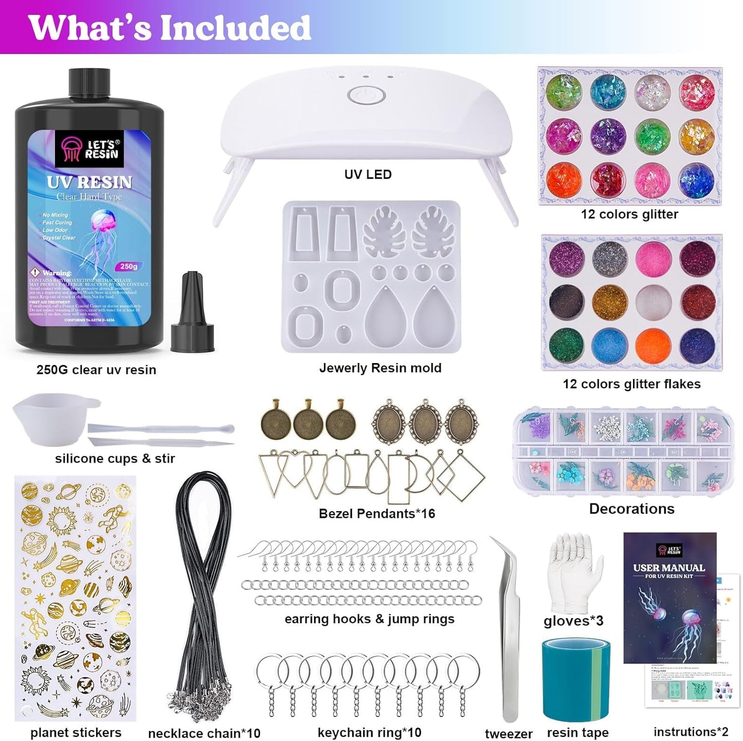 LET'S RESIN UV Resin Jewelry Making Kit - 153Pcs Crystal Clear 250G UV Resin Kit with Light, UV Resin Molds, Resin Starter Kit for Beginners, Keychain&Earring Making, Craft Decor