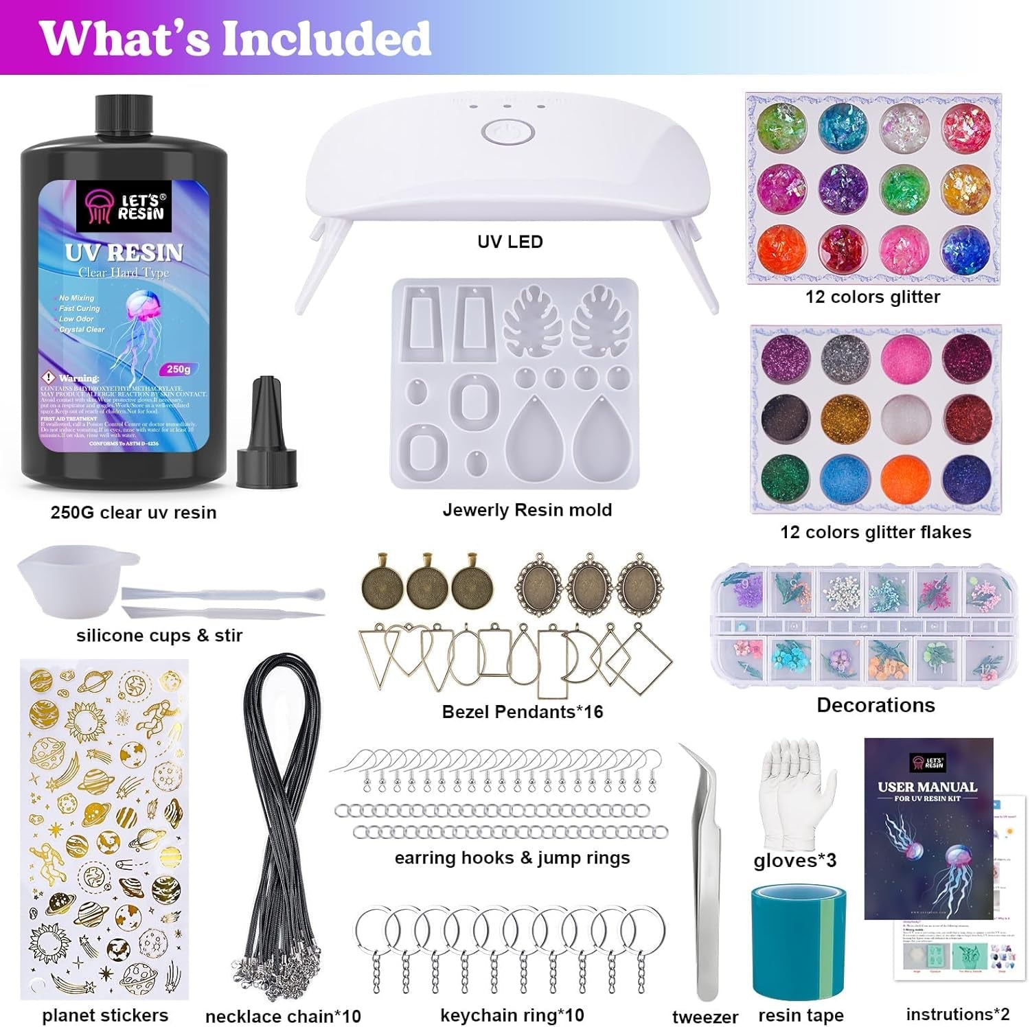 LET'S RESIN UV Resin Jewelry Making Kit - 153Pcs Crystal Clear 250G UV Resin Kit with Light, UV Resin Molds, Resin Starter Kit for Beginners, Keychain&Earring Making, Craft Decor