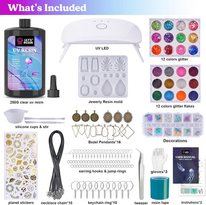 LET'S RESIN UV Resin Jewelry Making Kit - 153Pcs Crystal Clear 250G UV Resin Kit with Light, UV Resin Molds, Resin Starter Kit for Beginners, Keychain&Earring Making, Craft Decor