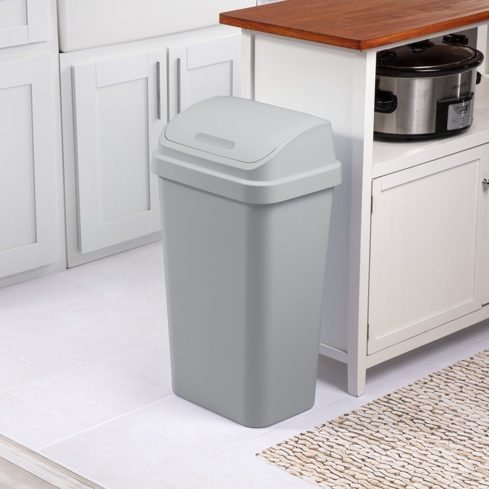 13 Gallon Trash Can, Plastic Swing Top Kitchen Trash Can, Gray