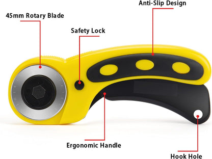 WORKLION Ergonomic Rotary Cutter Set: Safety Lock, 2 Replacement Blades for Sewing, Quilting, Scrapbooking & Arts & Crafts