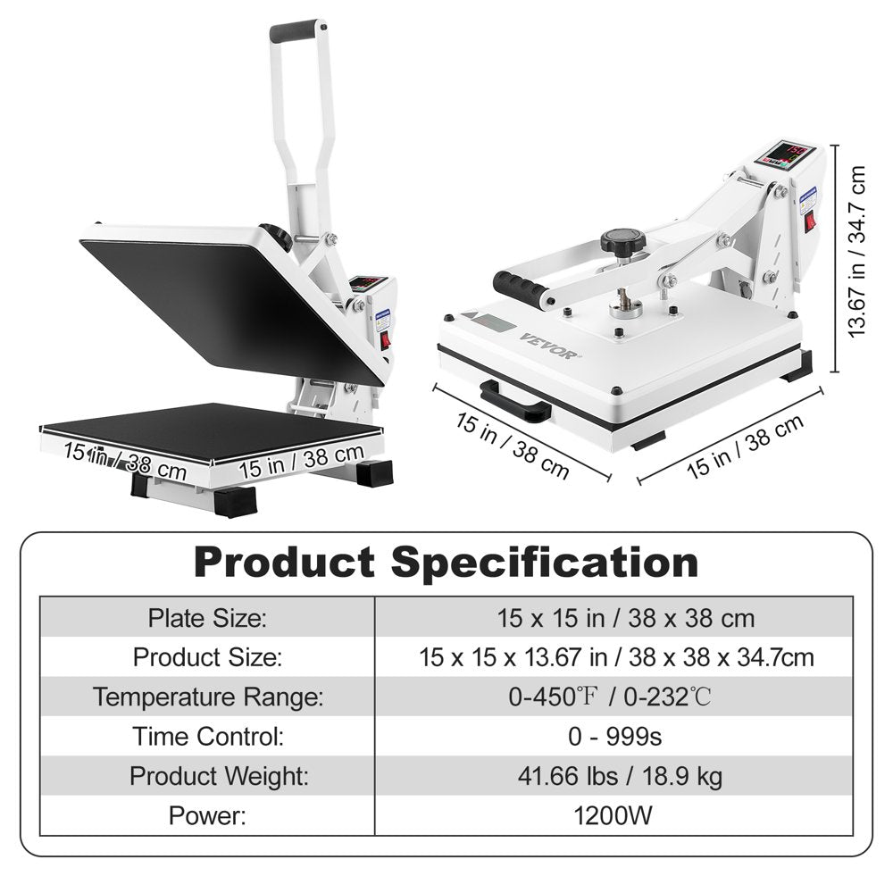 Heat Press Machine, 15"X15" Swing Away T Shirt Pressing Machine Multifunction, High Pressure Heat Press Machine, Power Digital Industrial Sublimation Printer for Heat Transfer Viny