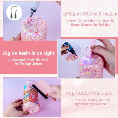 8 Pack 16 Oz Acrylic Snow Globe Tumbler Supplies Starter Kit, Double Wall Plastic Pre-Drilled Snowglobe Tumbler Cup Tool Set, Including Squeeze Bottle Cup Cradle and Scraper Etc.