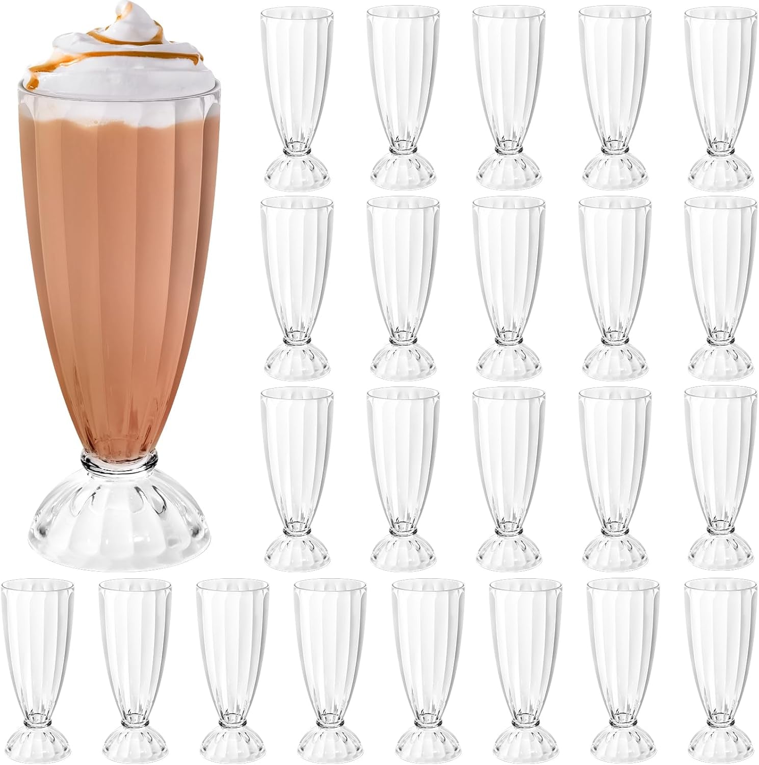 Tioncy 24 Pcs 12 Oz Milkshake Glass Acrylic Clear Footed Ice Cream Soda Glass Old Fashioned Fountain Soda Cups for Drinking Sunda Milk Ice Cream