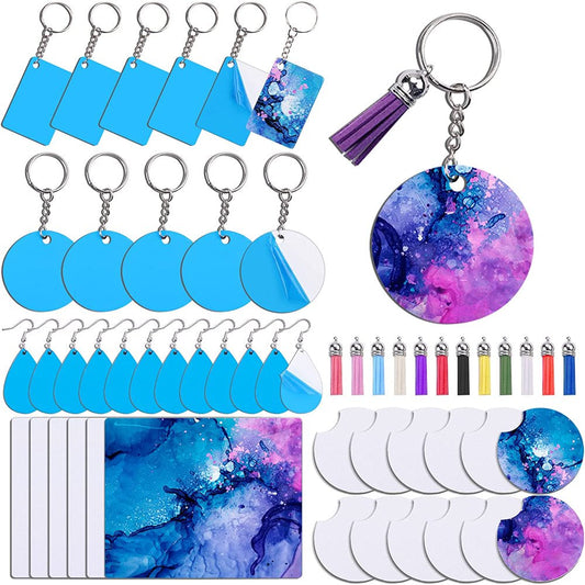 42Pcs Sublimation Blanks Products Set Sublimation Keychain Blank+Earring Blanks+Mouse Pad Blanks+Sublimation Coasters Blanks