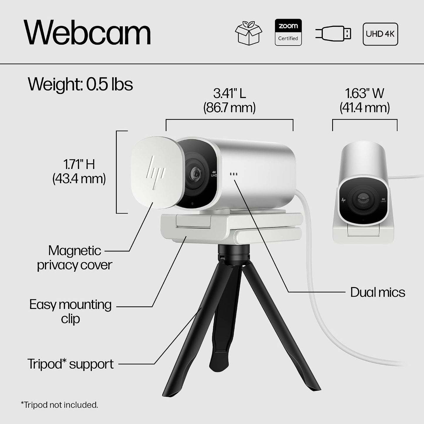 HP 960 4K Streaming Webcam - 4K 30 Fps/1080P 60 FPS Computer Camera & Dual Mics, Noise Reduction, & Privacy Cover - Zoom Certified - Swivel/Tilt Adjust - Color Correction, AF & Framing (695J6AA#ABL)