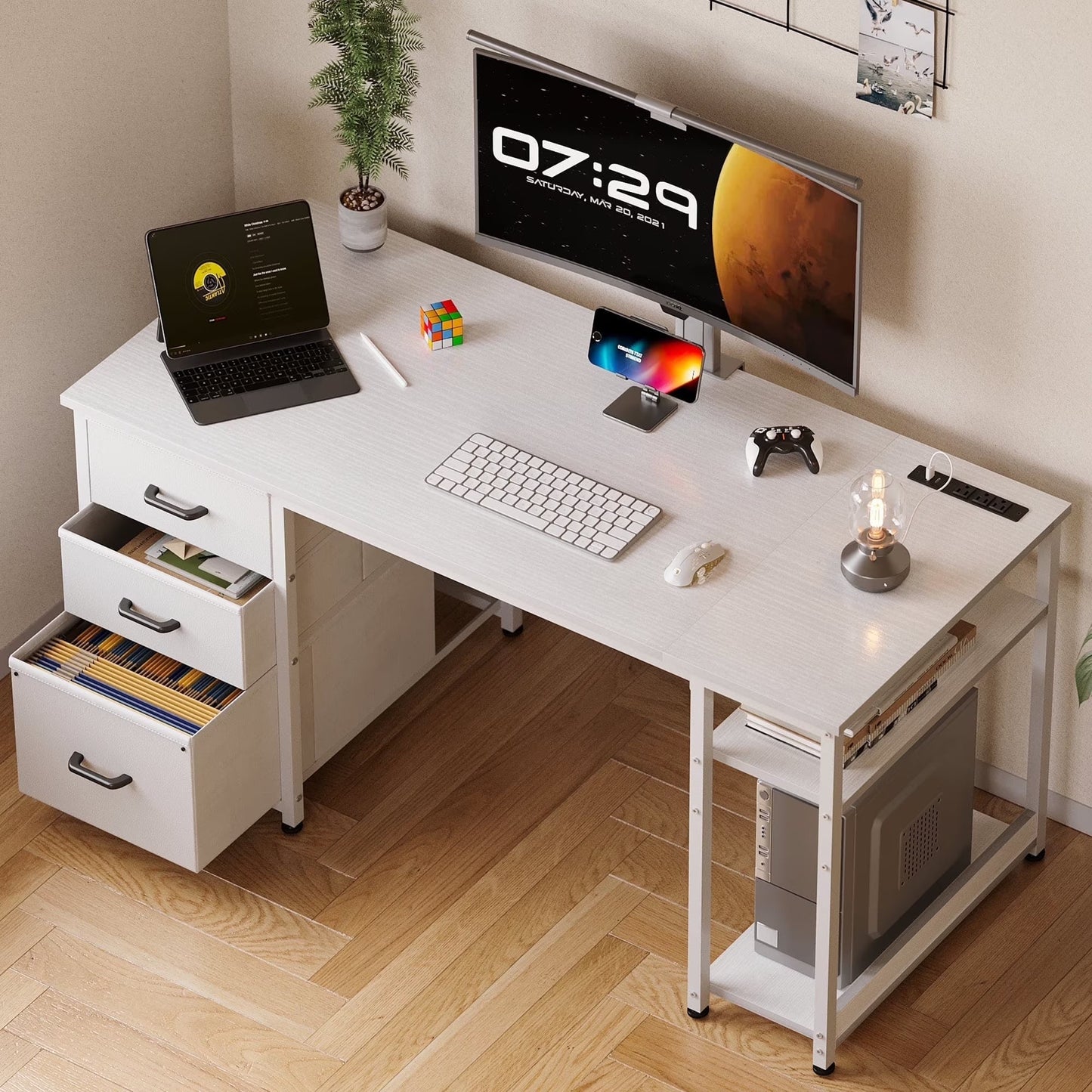 51 Inch Computer Desk with File Drawers & USB Power Outlets- Reversible Home Office Desk with Storage Shelves, Work from Home, Writing Table for Bedroom, White