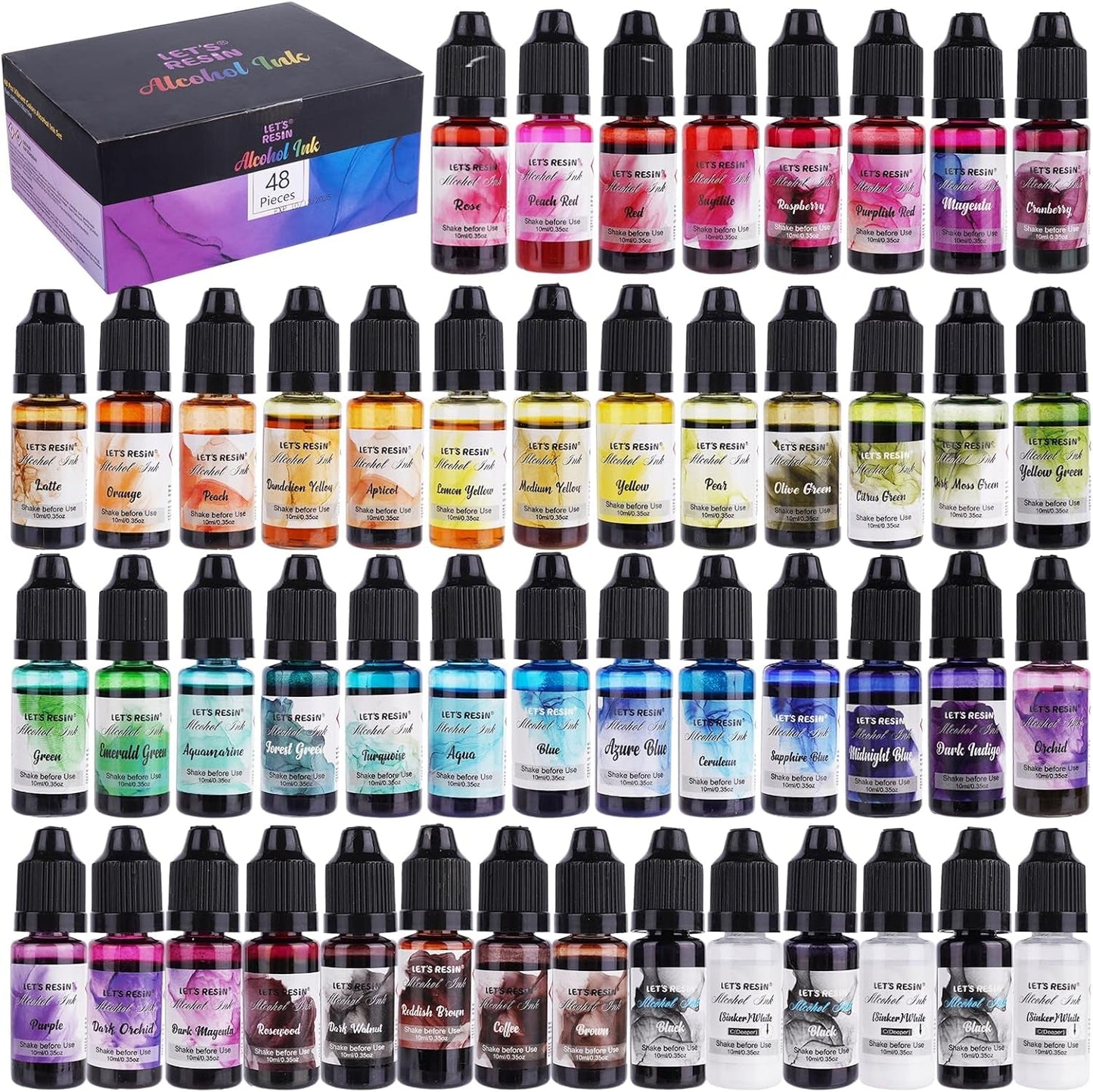 LET'S RESIN 48Pcs Concentrated Alcohol Ink Set, Vibrant Colors Alcohol-Based Resin Ink for Epoxy Resin, Alcohol Paint Dye for Resin Art, Tumblers, Epoxy Resin (Each 0.35Oz)