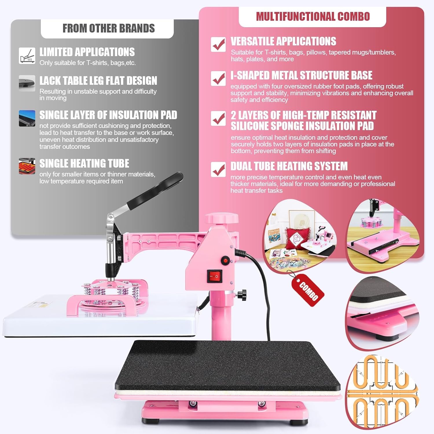 Whubefy Heat Press Machine for T Shirts 15X15 with 30OZ Tumbler Press 5 in 1 Slide Out & Swing Away Digital Heat Transfer with 3 Pre-Set Modes & Counting Function for Bulk Press Hat Cap Mug Plate Pink