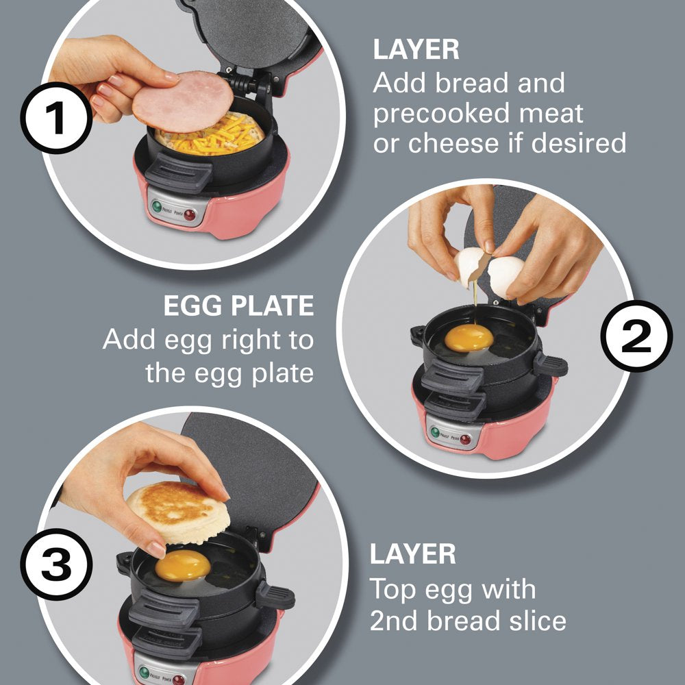 Breakfast Sandwich Maker with Egg Cooker Ring, Customize Ingredients, Coral, 25483