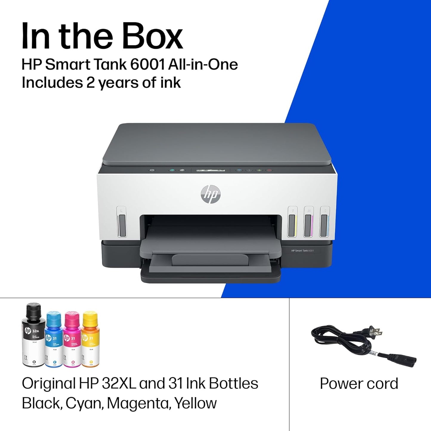 HP Smart Tank 6001 Wireless All-In-One Ink Tank Printer, Scanner, Copier with 2 Years of Ink Included, Best-For-Home, Cartridge-Free Refillable, Ai-Enabled (2H0B9A)