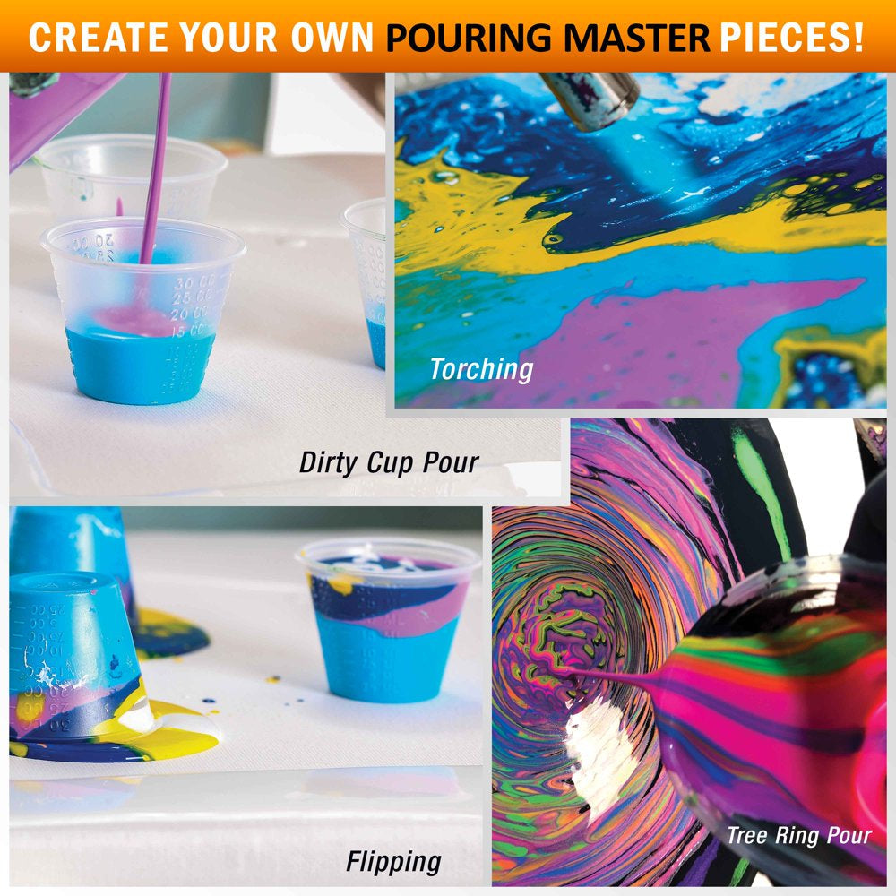 Pouring Masters 36-Color Ready to Pour Acrylic Pouring Paint Set with Silicone Oil & Gloss Medium - Premium Pre-Mixed High Flow 2-Ounce & 8-Ounce Bottles - for Canvas, Wood, Paper, Crafts, Tile