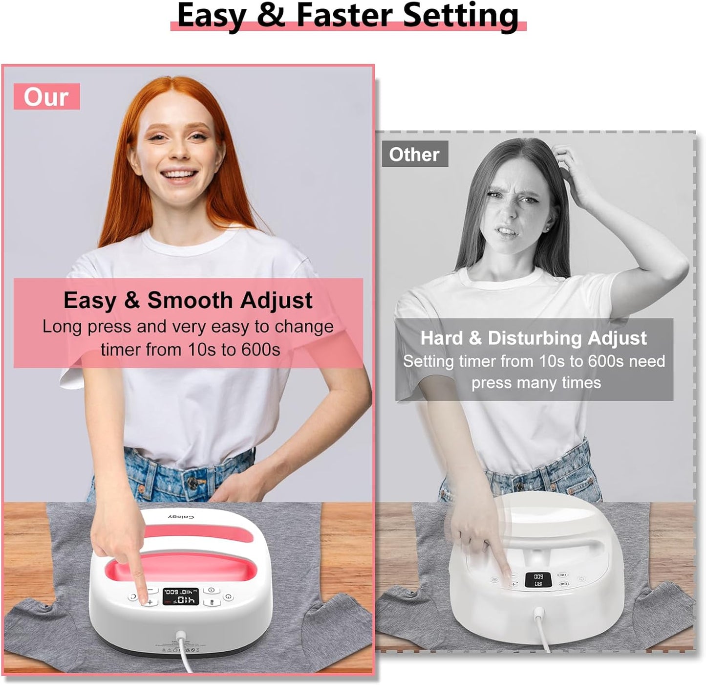 Calogy Heat Press Machine for T-Shirts 10"X10", Portable Heat Press Fast up to 410℉(210 ºc), Precise Temp Control, 15 Mins Auto off for Bag, Pillows, Sublimation Vinly Transfer(White Pink, 10 X 10 In)