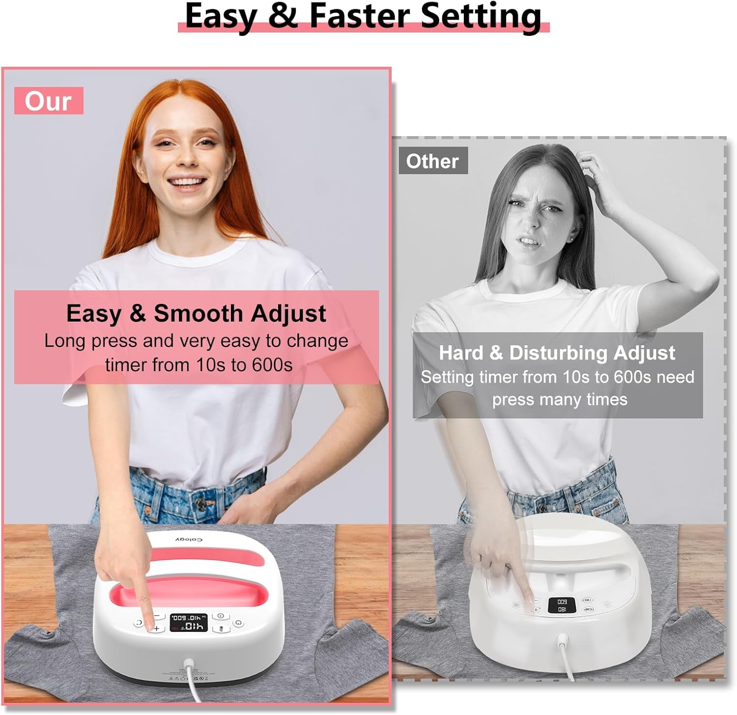Calogy Heat Press Machine for T-Shirts 10"X10", Portable Heat Press Fast up to 410℉(210 ºc), Precise Temp Control, 15 Mins Auto off for Bag, Pillows, Sublimation Vinly Transfer(White Pink, 10 X 10 In)