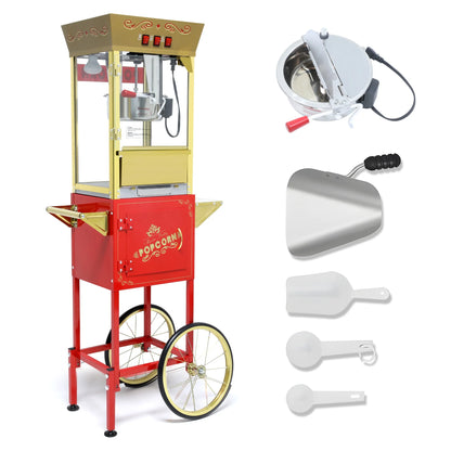 12OZ Popcorn Machine with Cart,  Movie Theater Popcorn Maker Machine with Stainless Steel Kettle, Tempered Glass, 8" Shelf, Popcorn Machine for Kids Party Home, Red