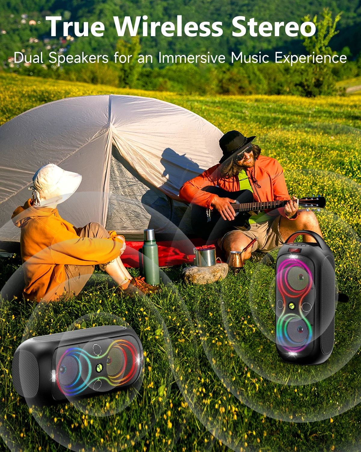 Bluetooth Party Speaker -60W Peak Loud Wireless TWS Portable Speaker with Handle, Beat-Driven Light Show, Splash-Resistant (XP3) for Outdoor Camping, Beach, Garage, Patio Parties