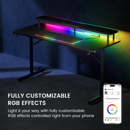 Lumina Elite LED Gaming Desk with USB and Power Outlets, for Home and Office, Monitor Stand and Wireless Charging, Black
