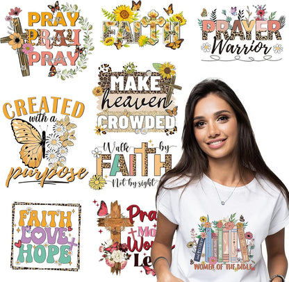 Dtf Transfers Ready to Press - 9 Pcs Christian Faith Iron on Transfers for T-Shirts Heat Transfer Vinyl Stickers God Jesus Iron on Patches Decals for Clothes Bag Pillow DIY Fabric Decor