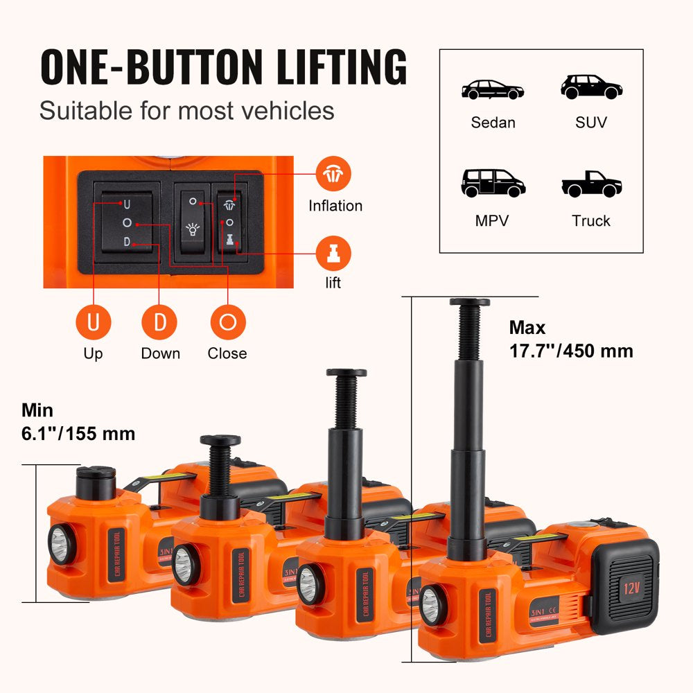 Electric Car Jack, 5 Ton 12V Electric Hydraulic Car Jack with Impact Wrench Inflator Pump for SUV Sedans