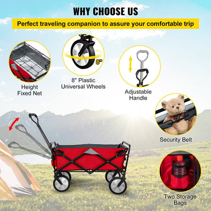 brand Collapsible Wagon Cart ,Folding Wagon Cart , 176 Lbs Load Beach Wagon Oversized Wheels, Portable Folding Wagon Adjustable Handles for Beach, Garden, Sports, Camping, Red & Gray