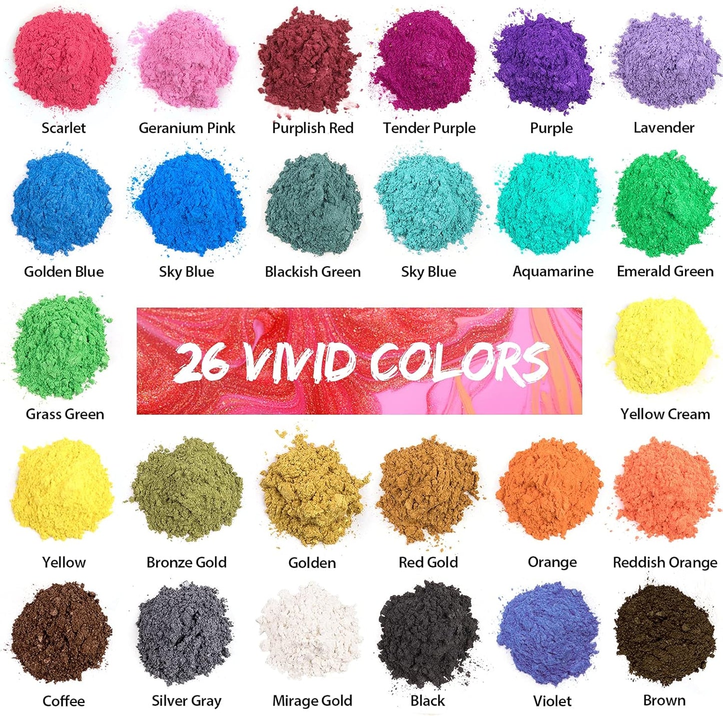 Mica Powder for Epoxy Resin 104 G - 26 Colors Shimmery Pigment Powder - Easy to Mix & Natural for Soap Making, Lip Gloss, Bath Bombs