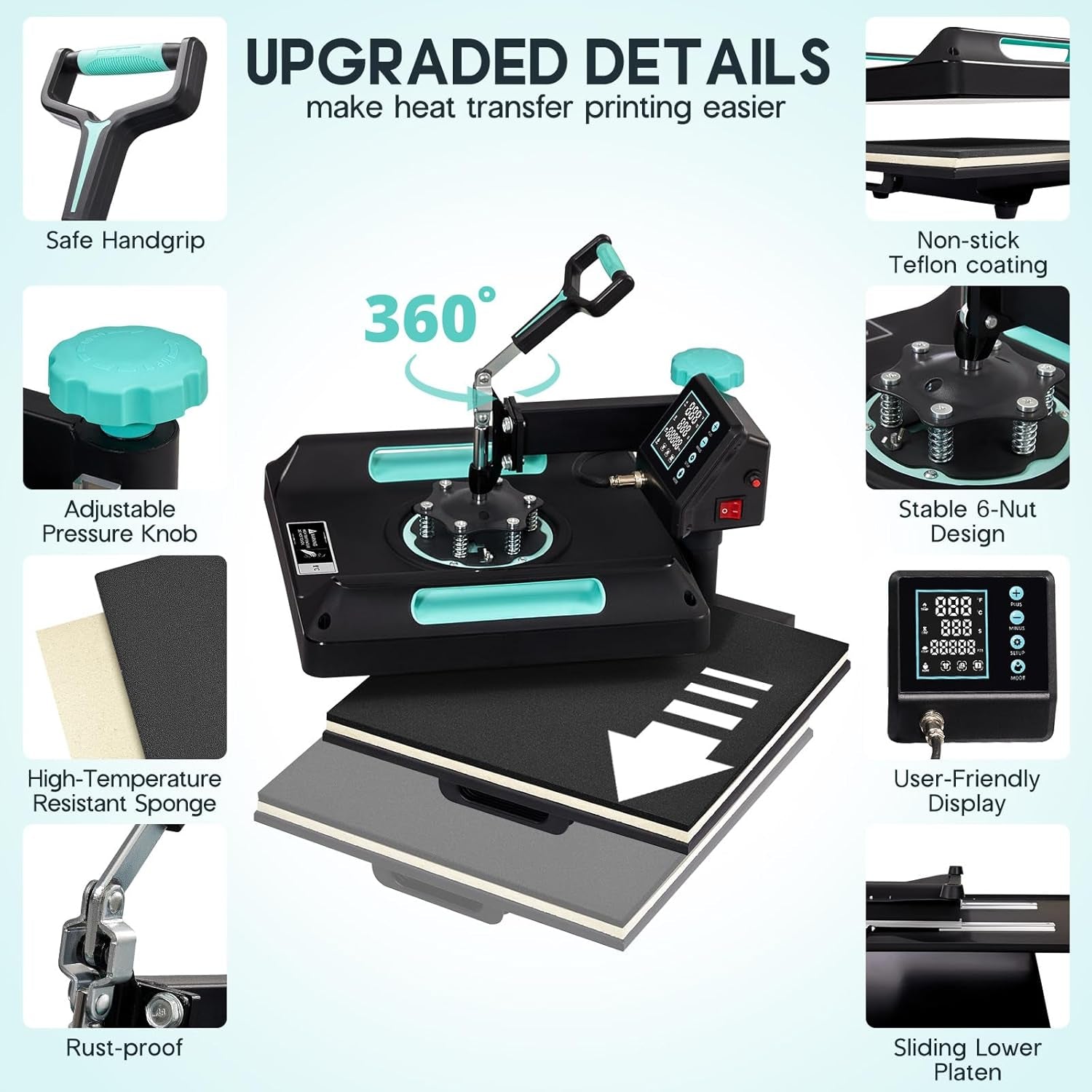 SPECRAFT 5-In-1 Combo Heat Press, 15X15 360° Swing Away Digital Sublimation Machine for T-Shirts Mugs Hats Plates, Green Black