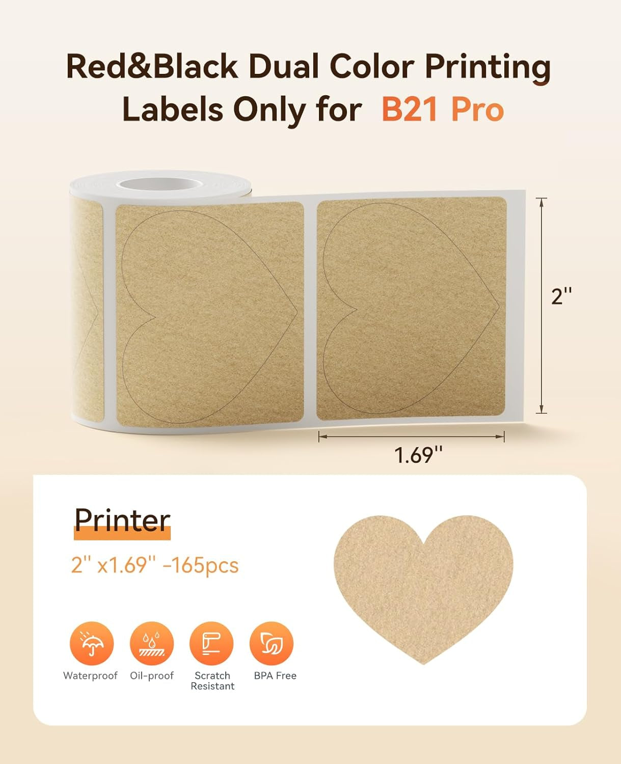 NIIMBOT Refill Label- 300DPI Red & Black Dual Color Sticker Paper Kraft Heart (2"X1.69"/50X43Mm) for School, Office, Retail, Baking & Safety Labels - Compatible with Pro Series Label Makers