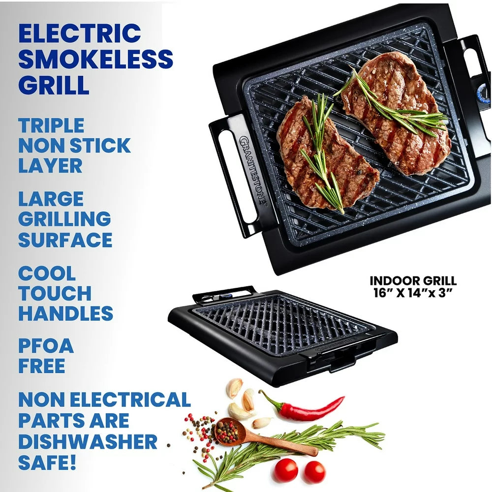 Indoor Nonstick Electric Smoke-Less Grill with Cool-Touch Handles and Adjustable Temperature Dial – Black, 16" X 14”