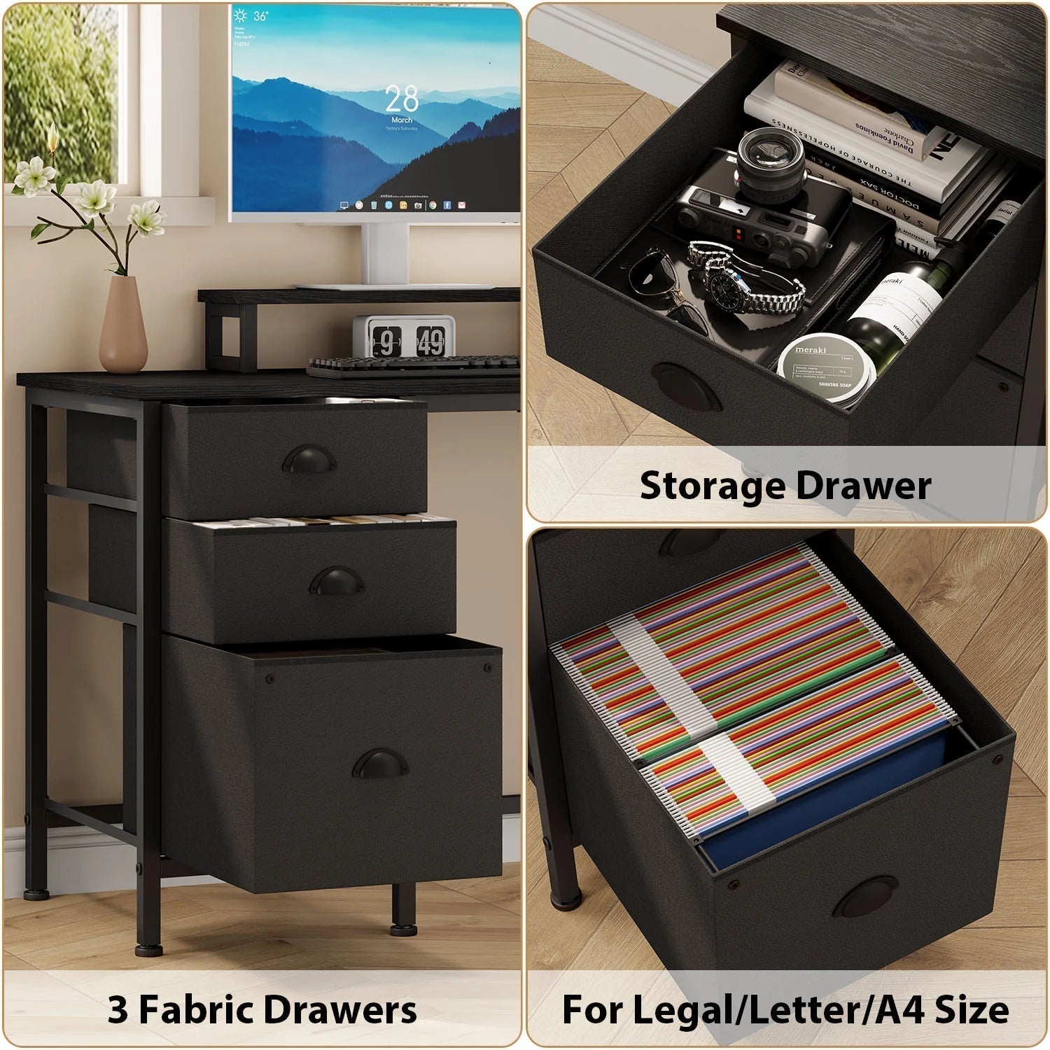L Shaped Computer Desk, Reversible Gaming Desk with Drawers, Corner Desk with Storage Shelves & Monitor Stand, Home Office Desk Workstation, Black