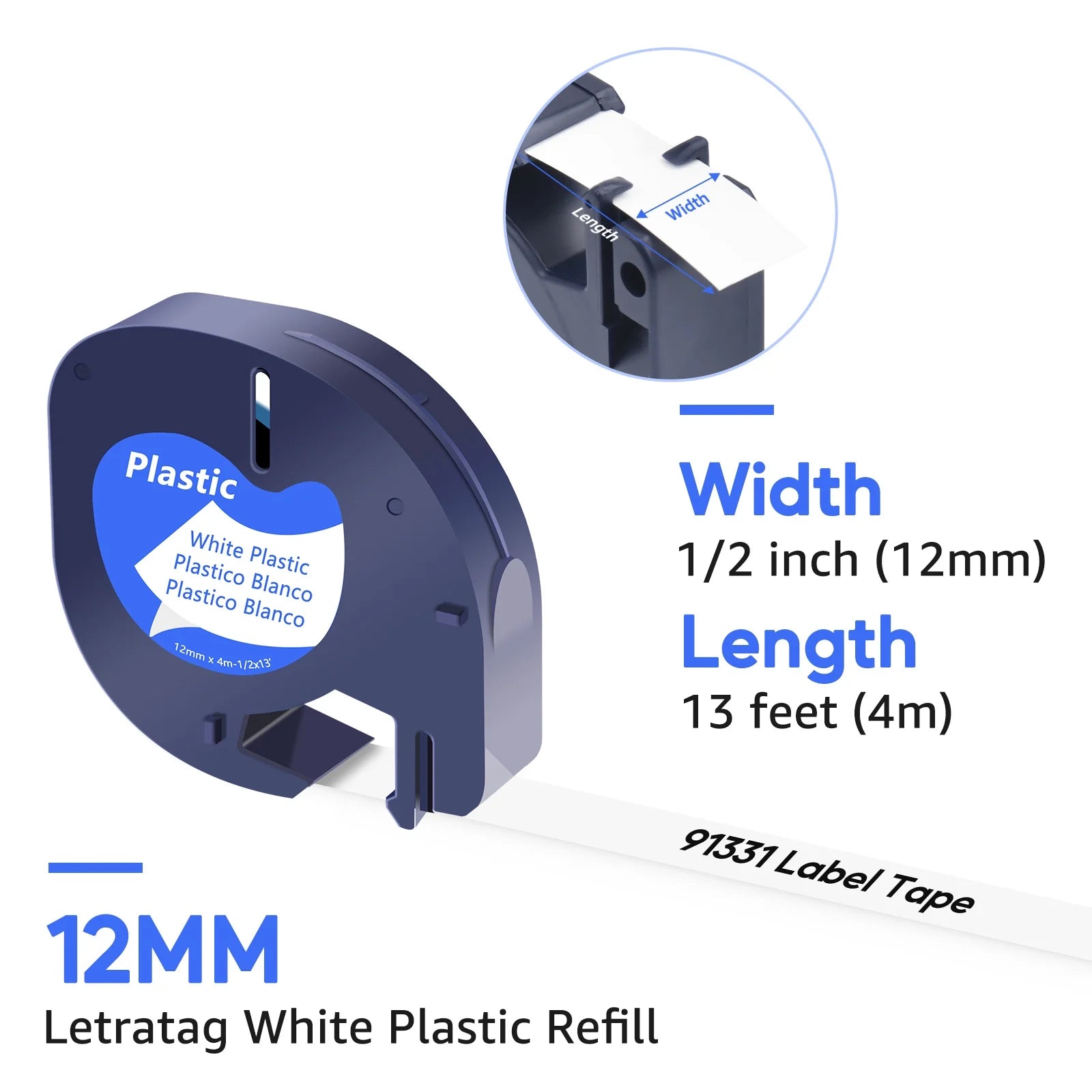4PK 12Mm 4M Black on White Plastic Label Tape Compatible for Dymo 91331 91201 91221 59422 S0721660 Letratag Printer