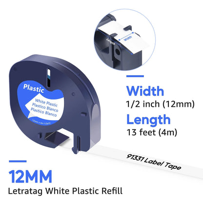 4PK 12Mm 4M Black on White Plastic Label Tape Compatible for Dymo 91331 91201 91221 59422 S0721660 Letratag Printer