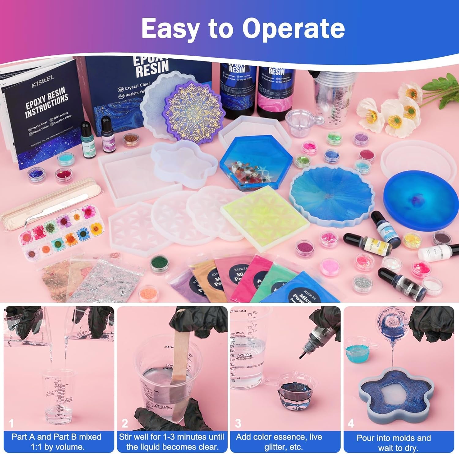KISREL Epoxy Resin Kit for Beginners, 32Oz Resin Kit with Coaster Molds, Complete Accessories Include Pigment, Mica Powders, Dried Flowers, Glitter, Measuring Cups and Other Resina Supplie