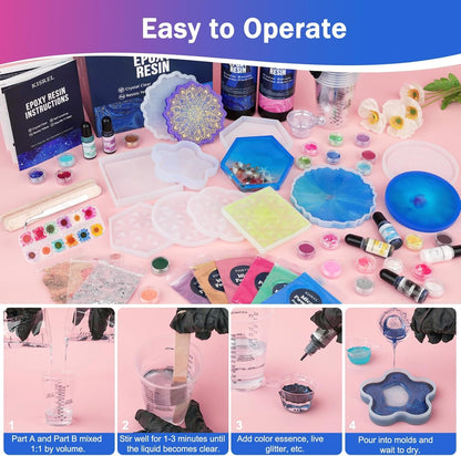 KISREL Epoxy Resin Kit for Beginners, 32Oz Resin Kit with Coaster Molds, Complete Accessories Include Pigment, Mica Powders, Dried Flowers, Glitter, Measuring Cups and Other Resina Supplie