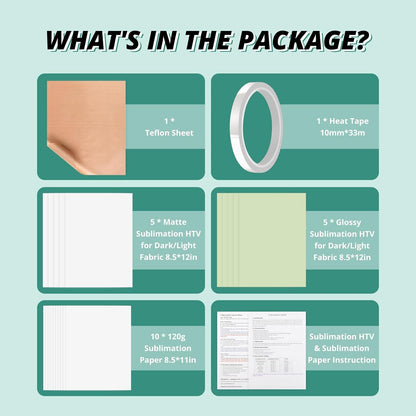 HTVRONT Sublimation HTV Kit for Dark/Light Fabric - Heat Press Starter Kit for Shirt/Bag/Hat, Includes Paper, Resistant Tape & Teflon Sheet