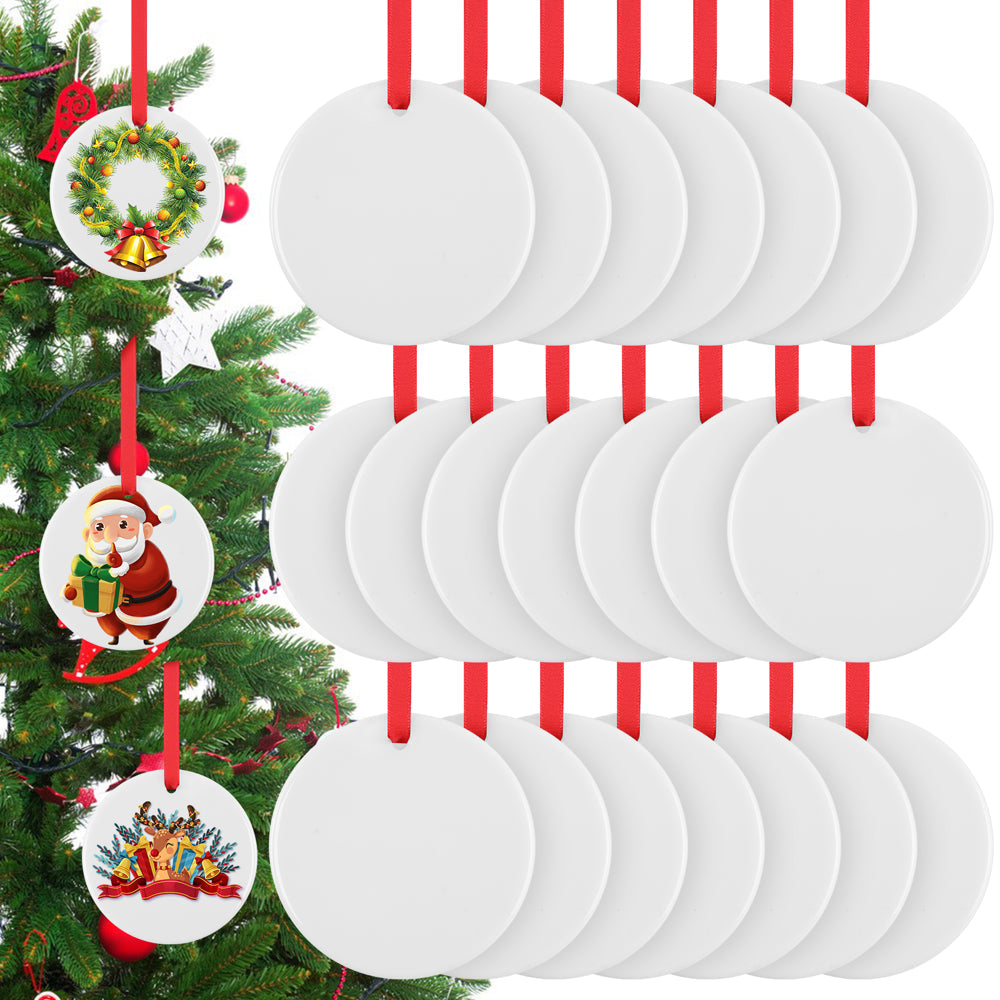 Sublimation Ornament Blanks - 24Pcs Ceramic Sublimation Christmas Ornament Blanks Sublimation Blanks Ornaments Bulk with Red Strings for Christmas Halloween Decor(2.87Ches)