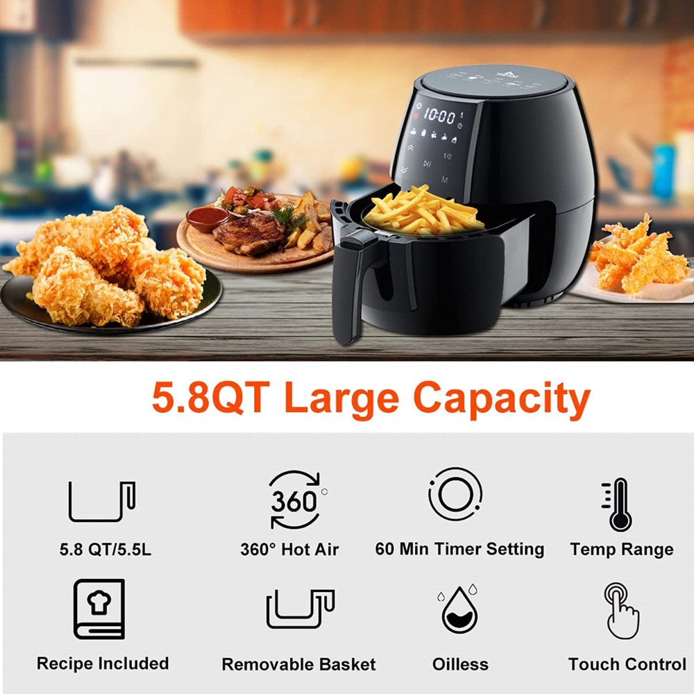 5.8 Quart Air Fryer, Electric Hot Oven Oilless Multifunctional Cooker with Digital LED Touchscreen, Auto Shut-Off, ETL Certified, Best Present Gift (Black)