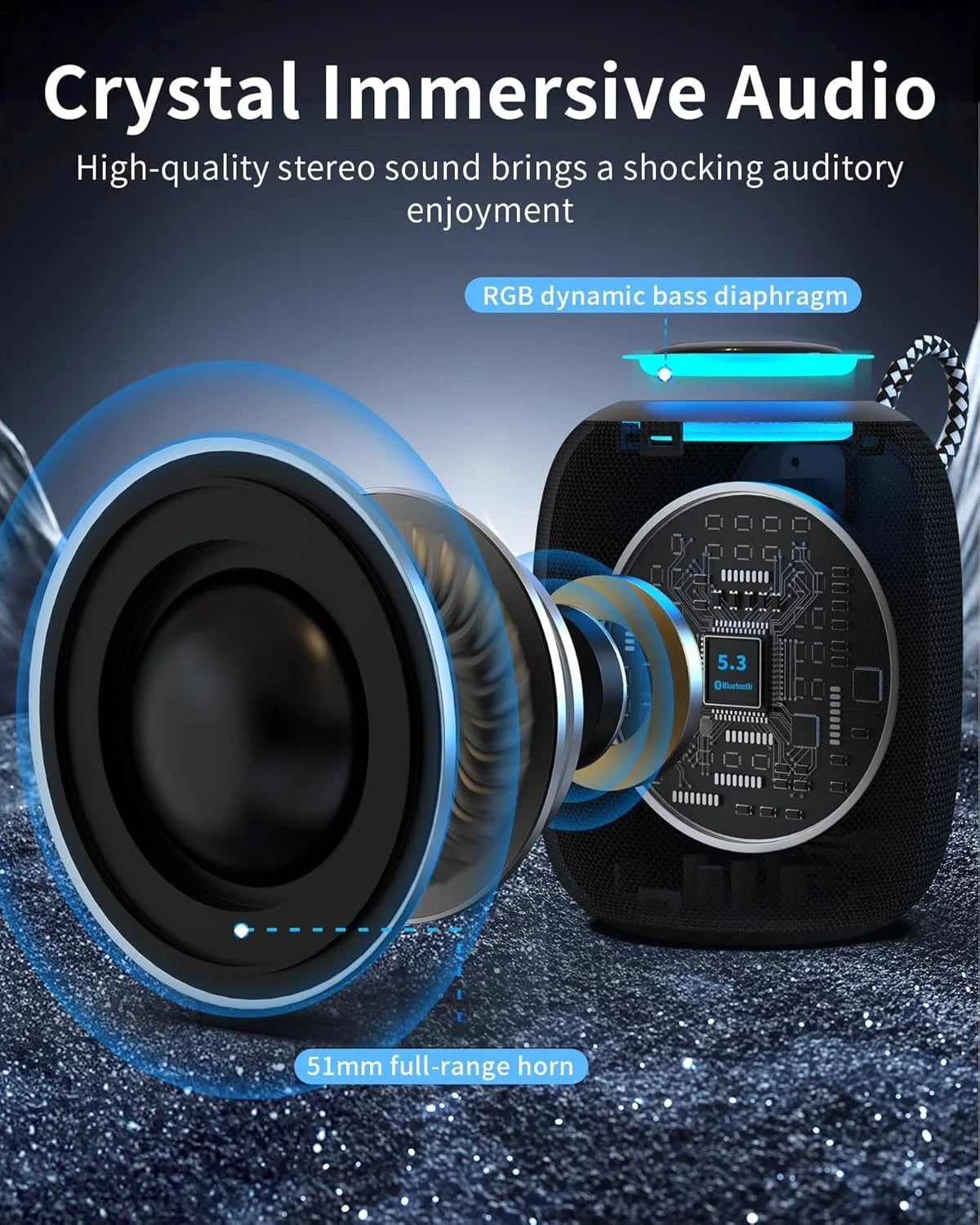 Bluetooth Speaker, IPX7 Waterproof Portable Bluetooth Speaker with 15W Immersive Audio, 30H Playtime, LED Light, Bluetooth 5.3, Support TWS, Wireless Speakers for Outdoor Camping Home