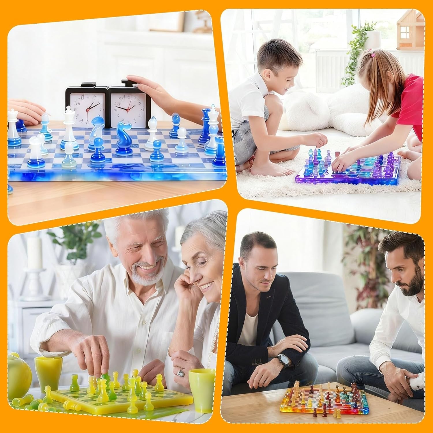 Resin Chess Set Mold with 1Pack Chess Piece Holder, 16 Pieces Full Size 3D Silicone Chess Molds 1 Chessboard Mold for Epoxy Resin Casting, DIY Chess Board Game and Home Decoration Family Party