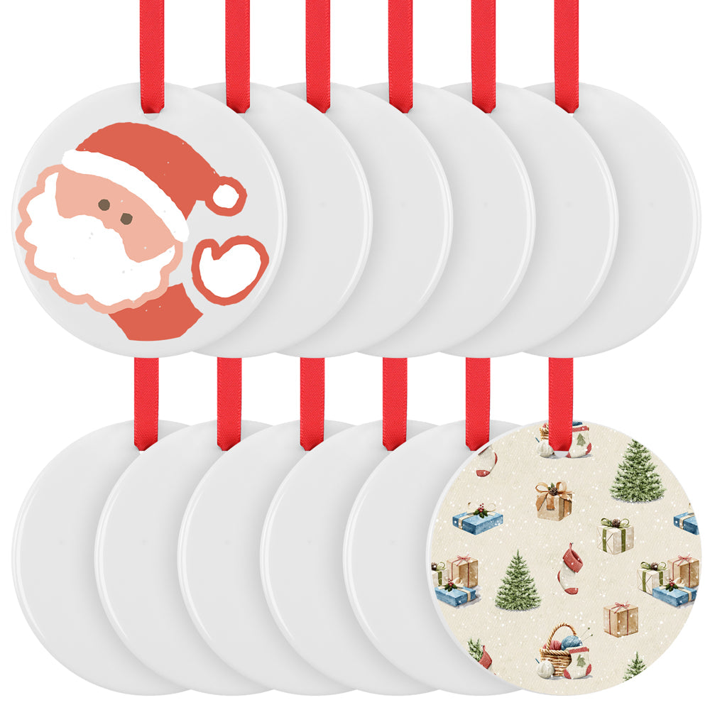 Sublimation Ornament Blanks - 24Pcs Ceramic Sublimation Christmas Ornament Blanks Sublimation Blanks Ornaments Bulk with Red Strings for Christmas Halloween Decor(2.87Ches)