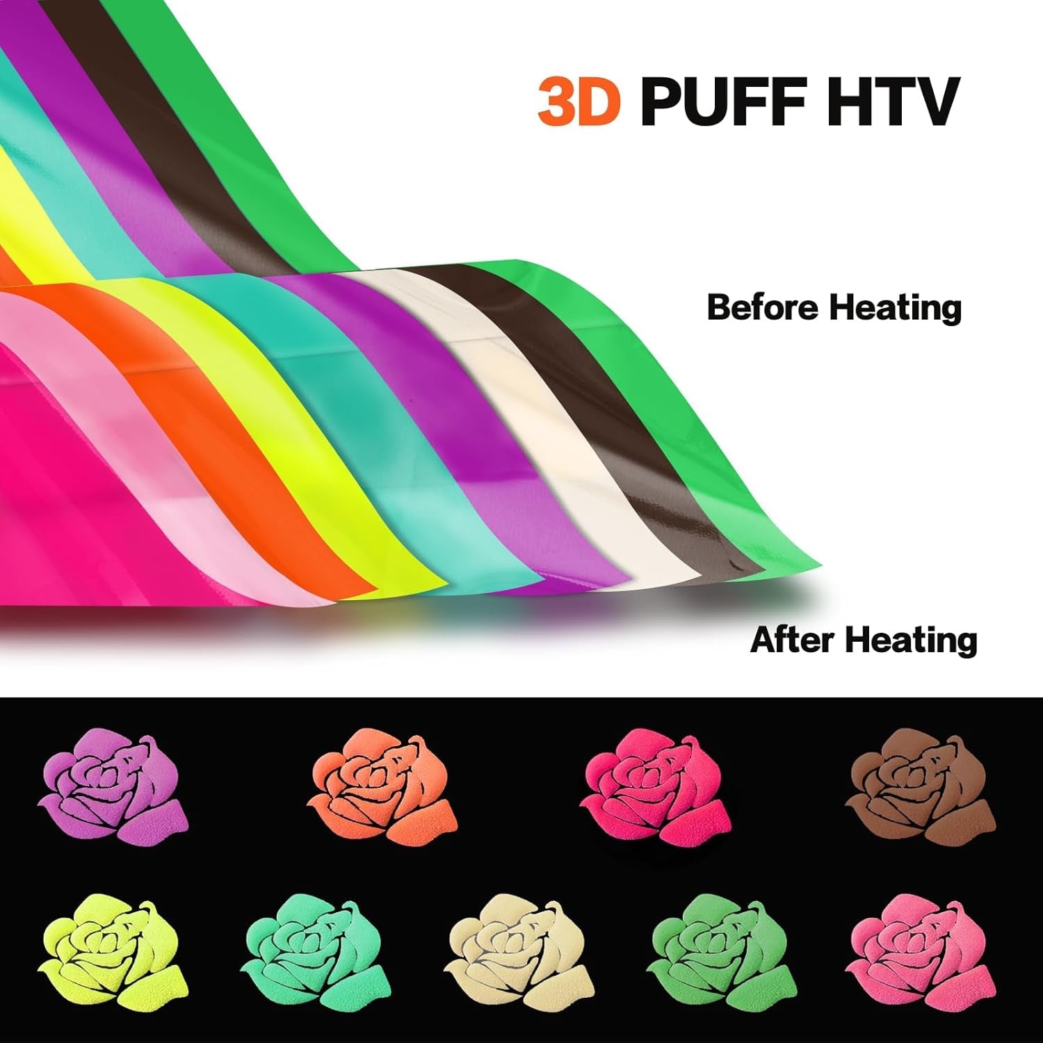 Puff Vinyl Heat Transfer, 3D Puff Heat Transfer Vinyl Bundle Sheets Iron On, Foaming Heat Transfer Puffy HTV Vinyl for Heat Press T Shirts DIY Clothes Fabric, 9 Colors Size 12”X10”