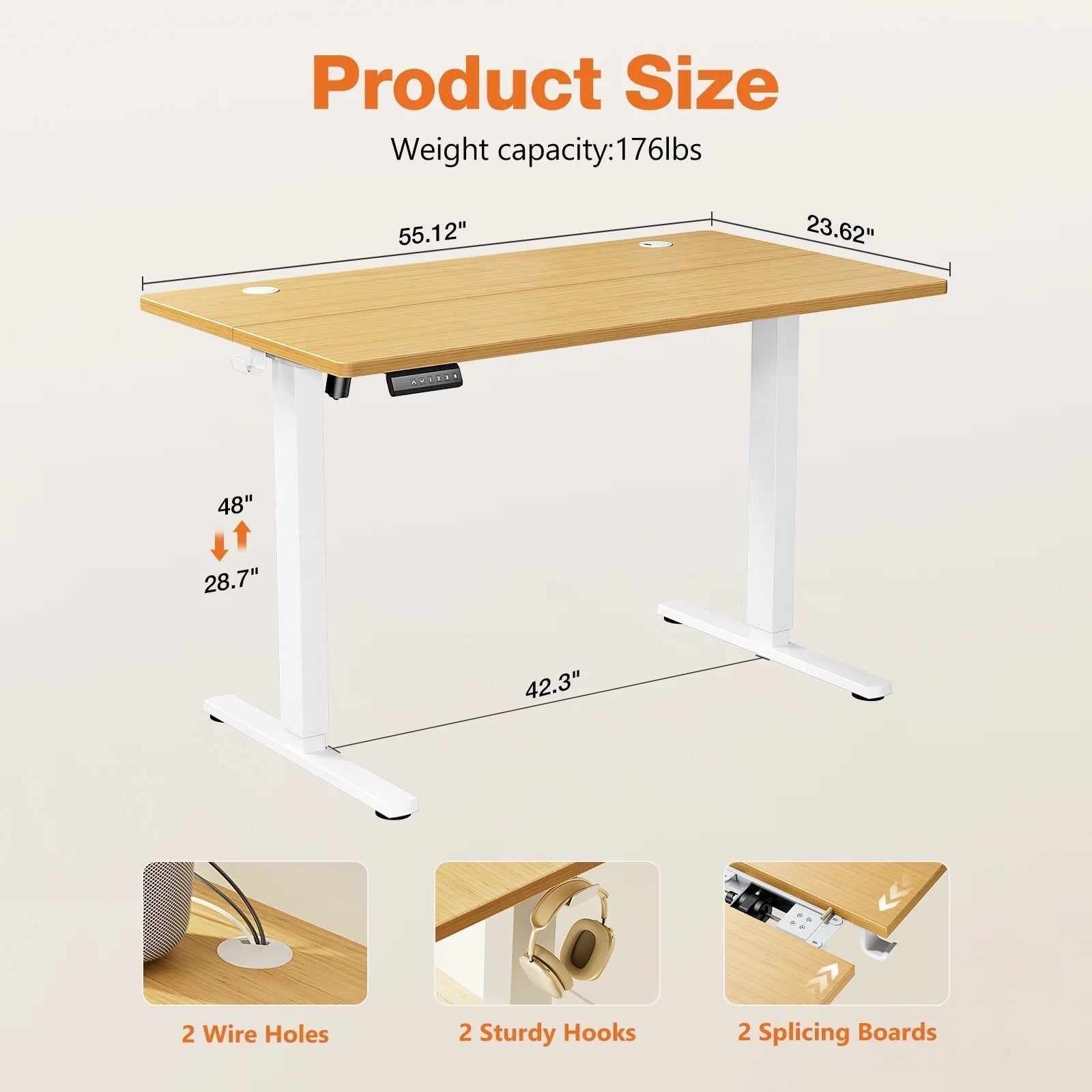 Electric Standing Desk, 55''X24'' Height Adjustable Desk, Home Office Desk with Electric Lift, Sit Stand Desk Workstation for Home Office, Oak